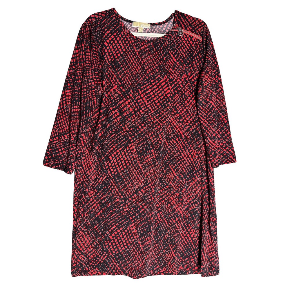 MICHAEL Michael Kors Midi Dress Red Plaid Grid Logo Zip Shoulder Size XL